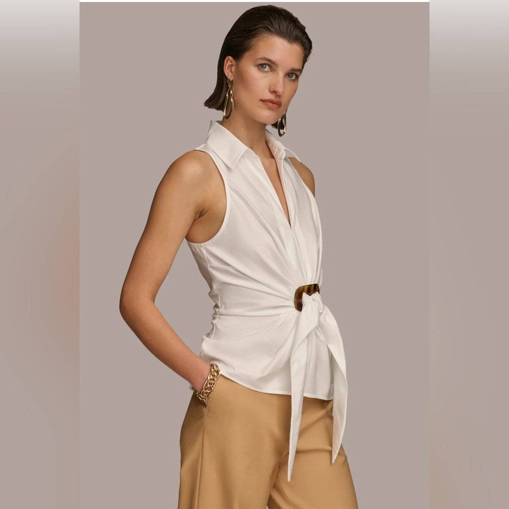 Donna Karan White Sleeveless Tie-Front Blouse